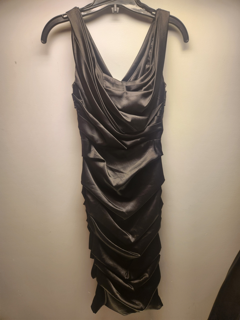 Black Satin Draped Midi Dress